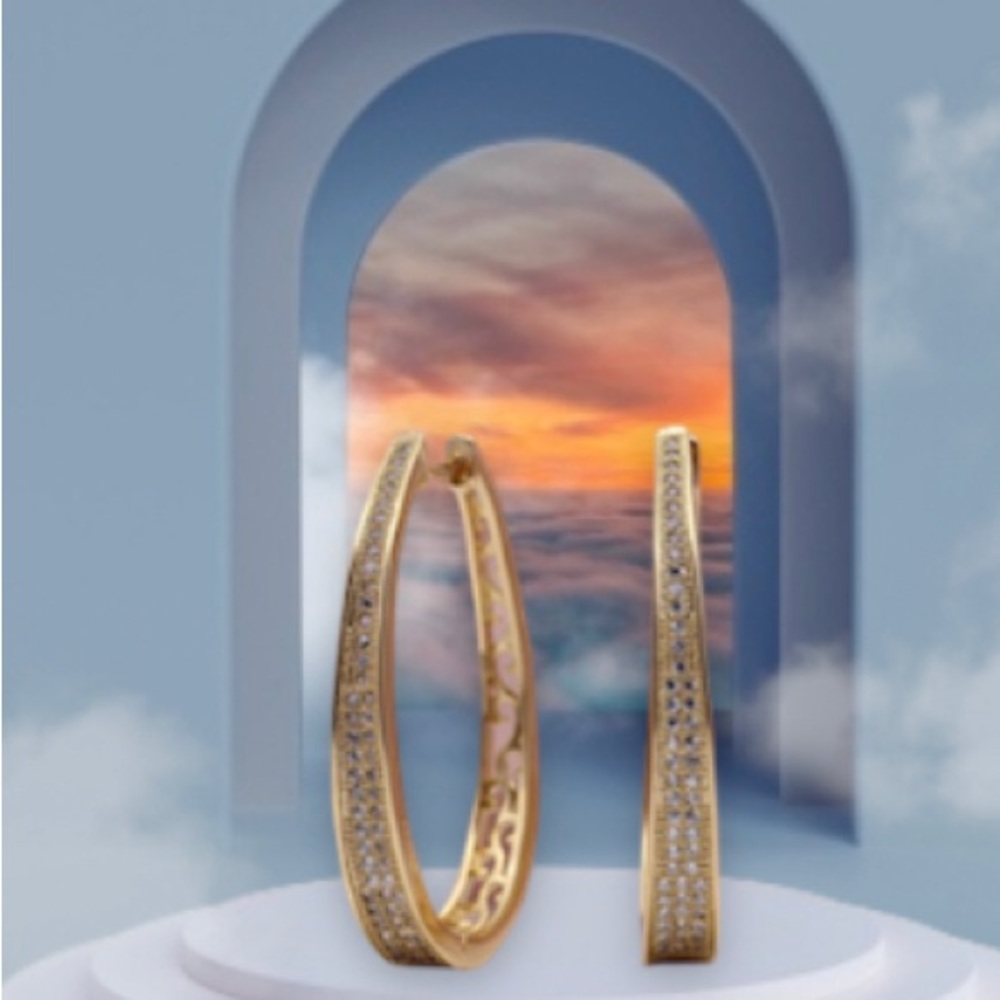 14K Gold Plated Natural White Zircon Two Sided Patterned Hoop Earrings - Picture 3 of 6